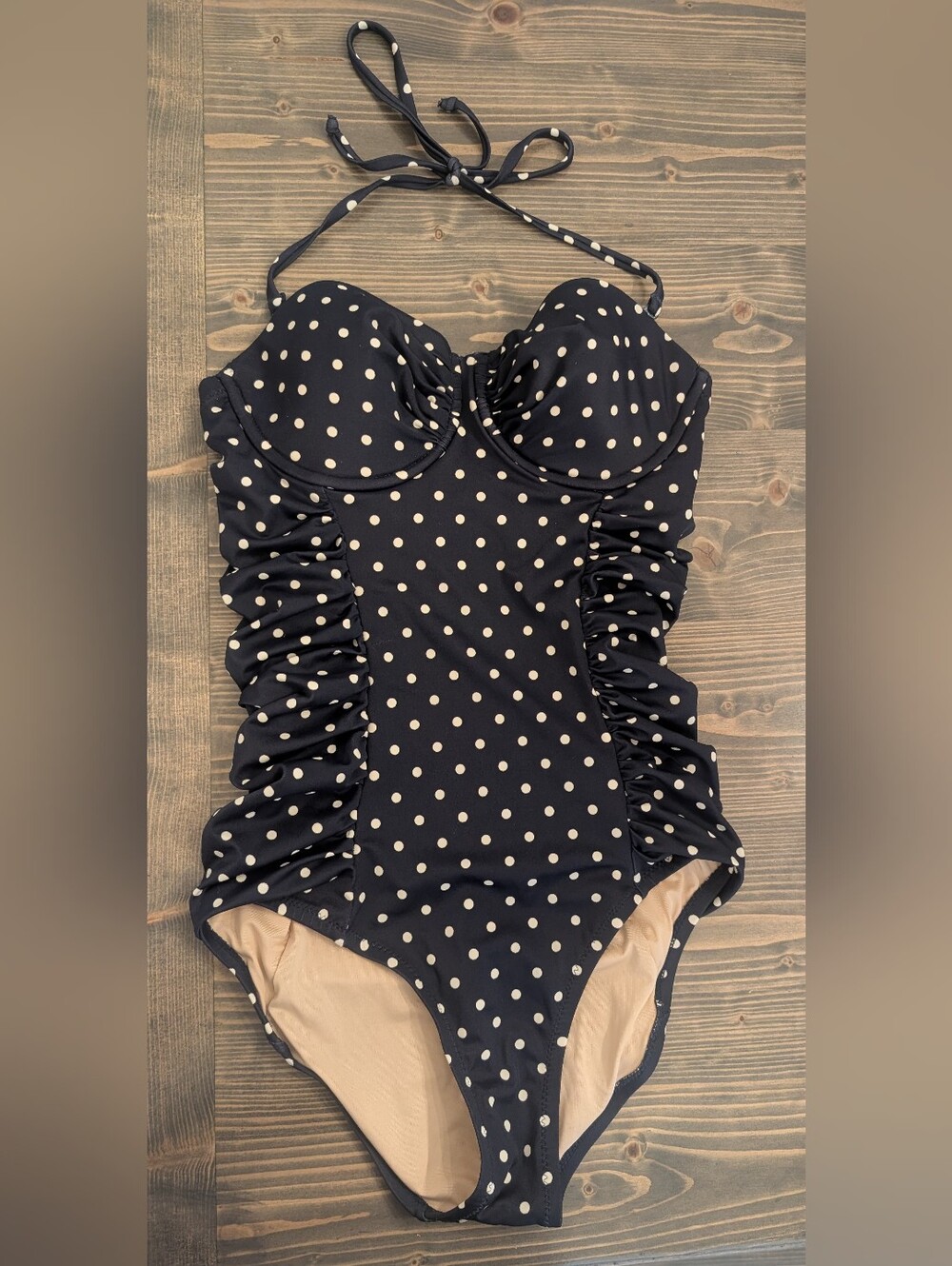Size 2 J.Crew D-Cup Navy Underwire One-Piece Swim with Cream Polka Dots